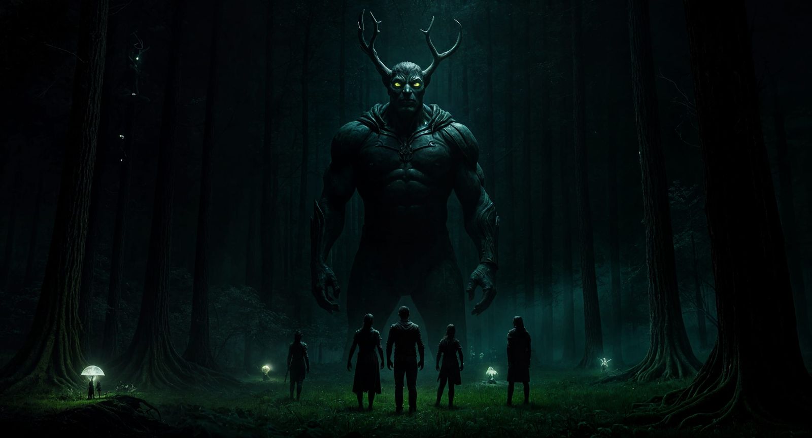 A colossal, shadowy, antlered giant faces a group of acing weary travelers lost in a dark, enchanted forest.