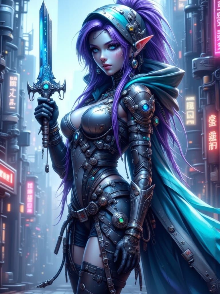 Gorgeous Elf Rogue in Cyberpunk Anime Style