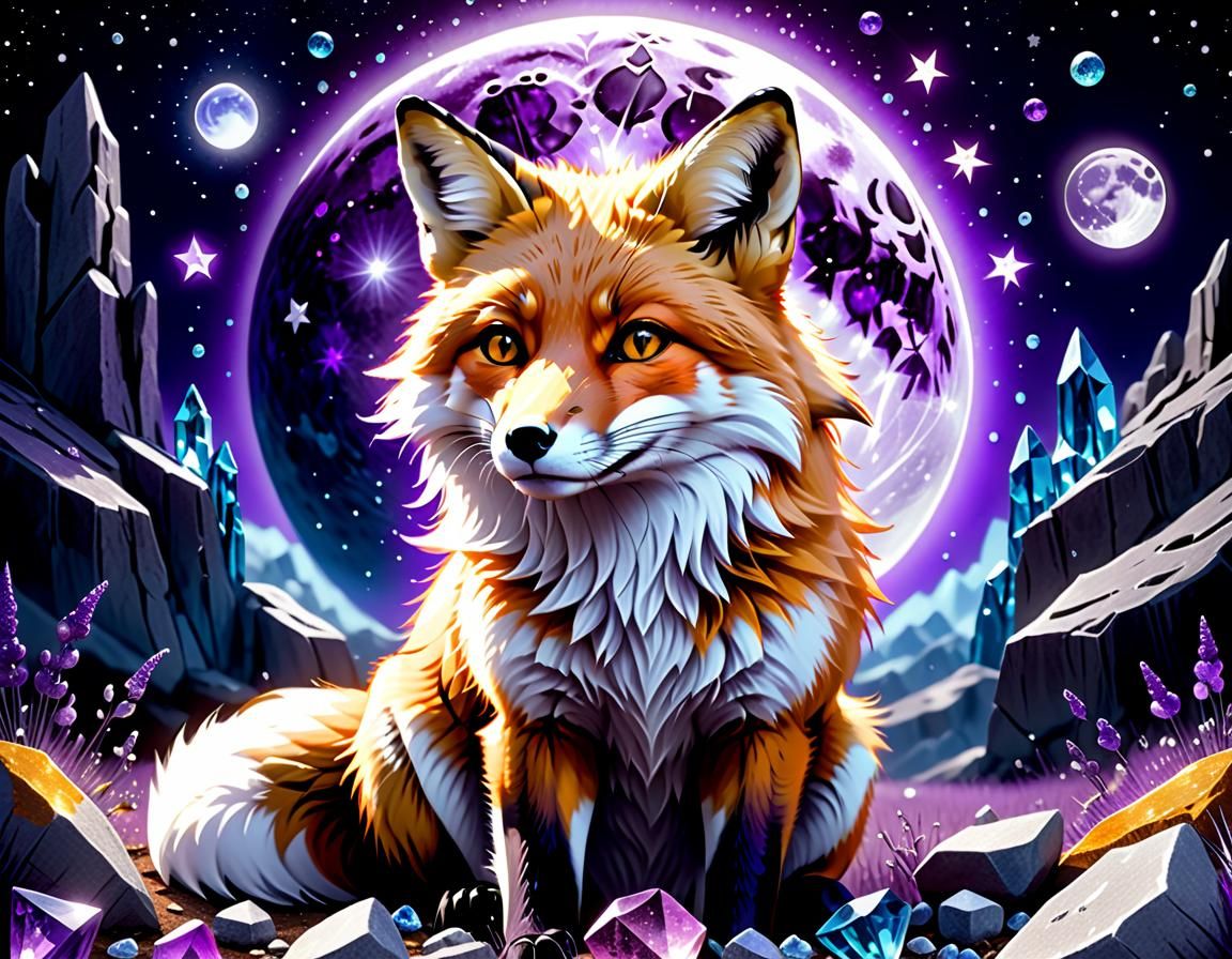 Photorealistic Fox in Purple Celestial Scene