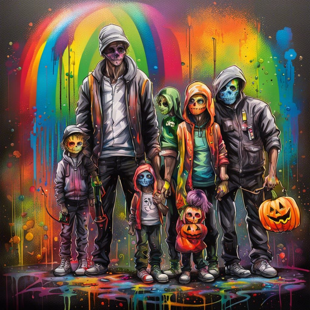 Rainbow Halloween Family in Graffiti Street Art