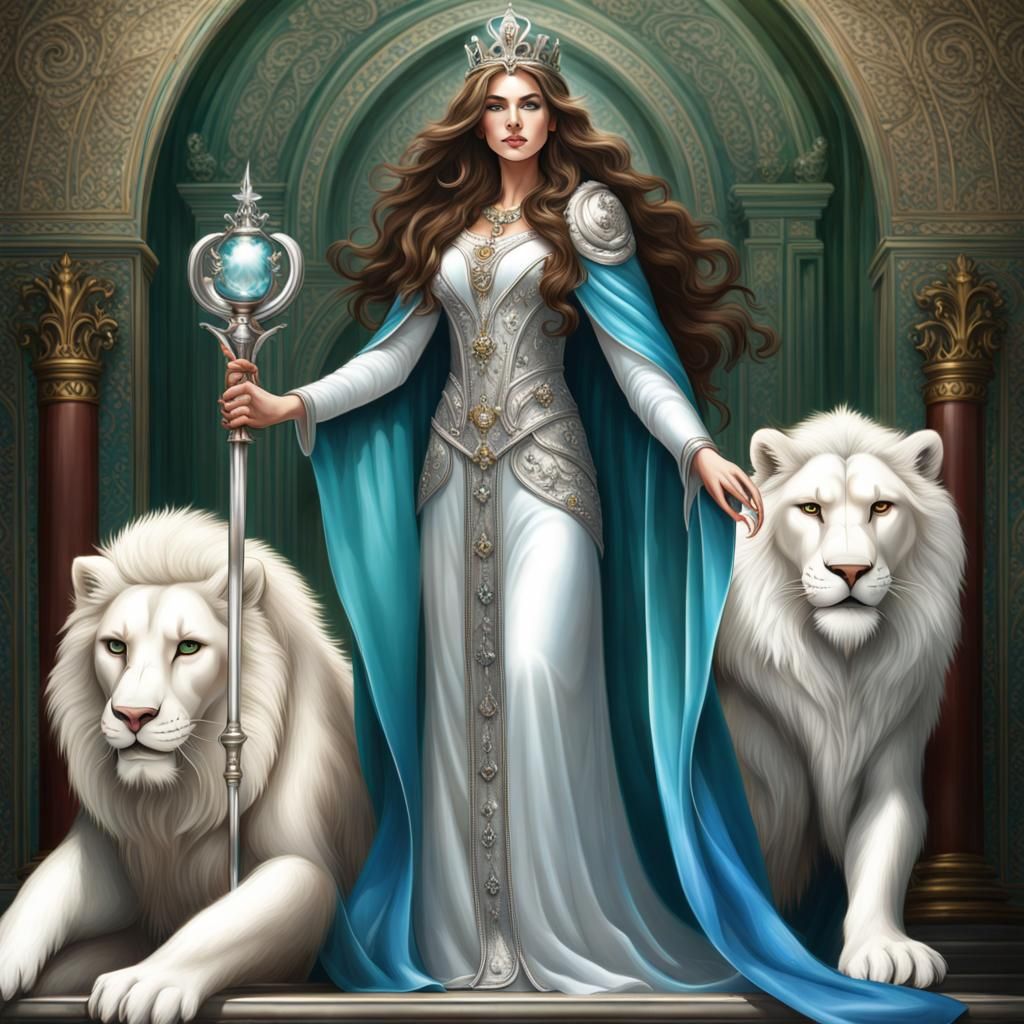 Divine Spanish Queen with Lions: Hyperrealistic Art