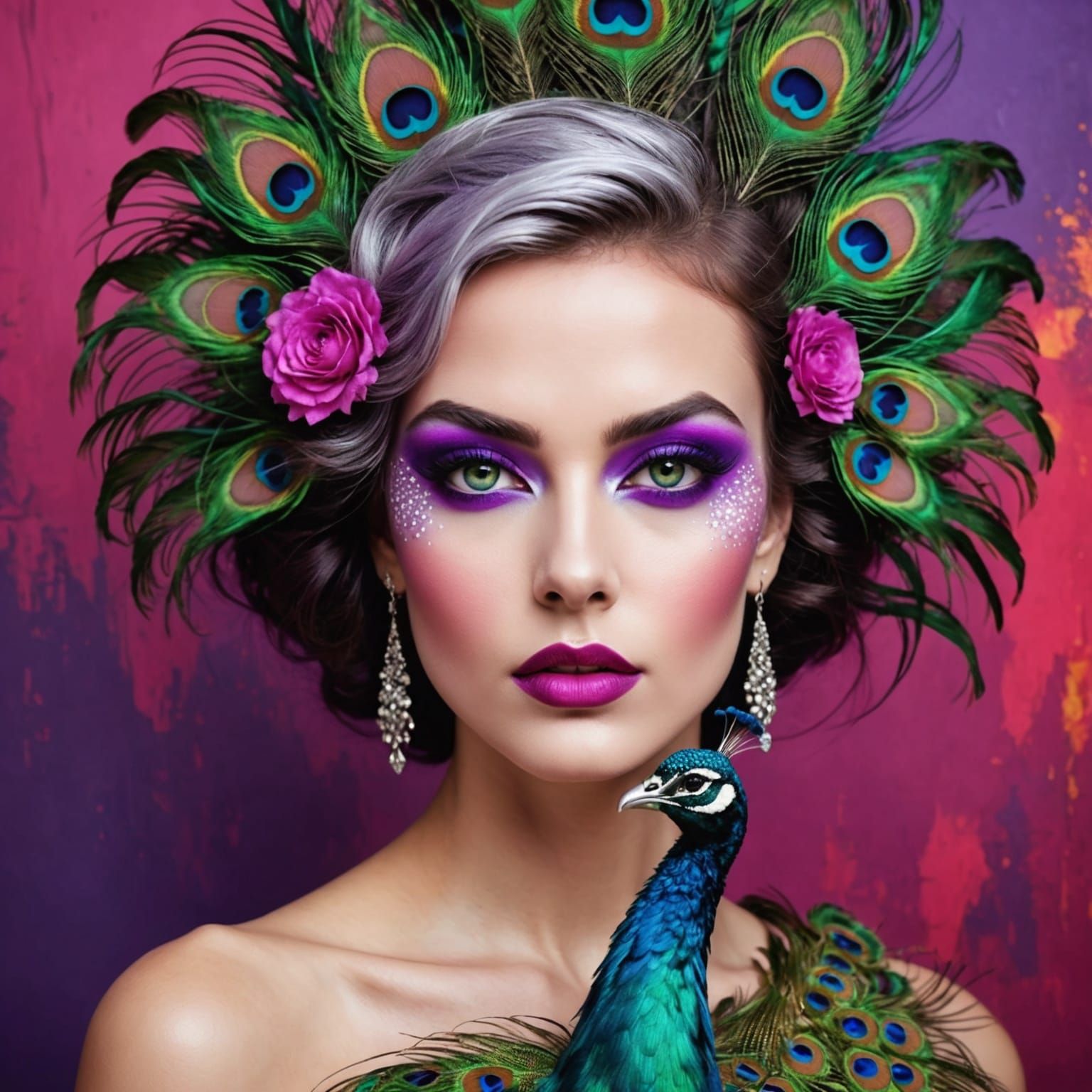 Abstract Portrait: Pink-Skinned Woman with Peacock Hair