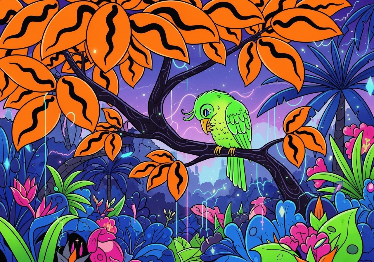 Neon Bird in Jungle, Modern Art Style
