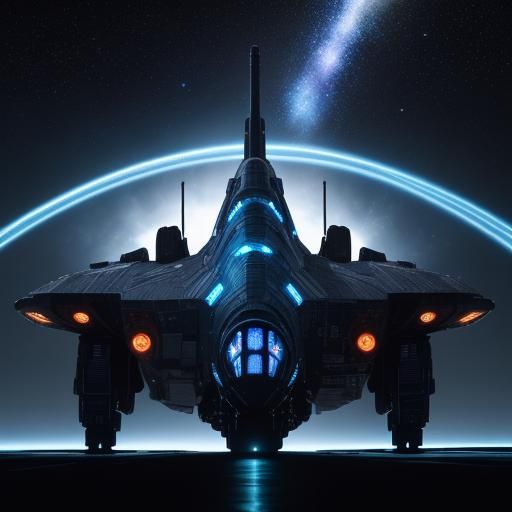 Rocket Ship Soaring Past Space Station in Sci-Fi Art