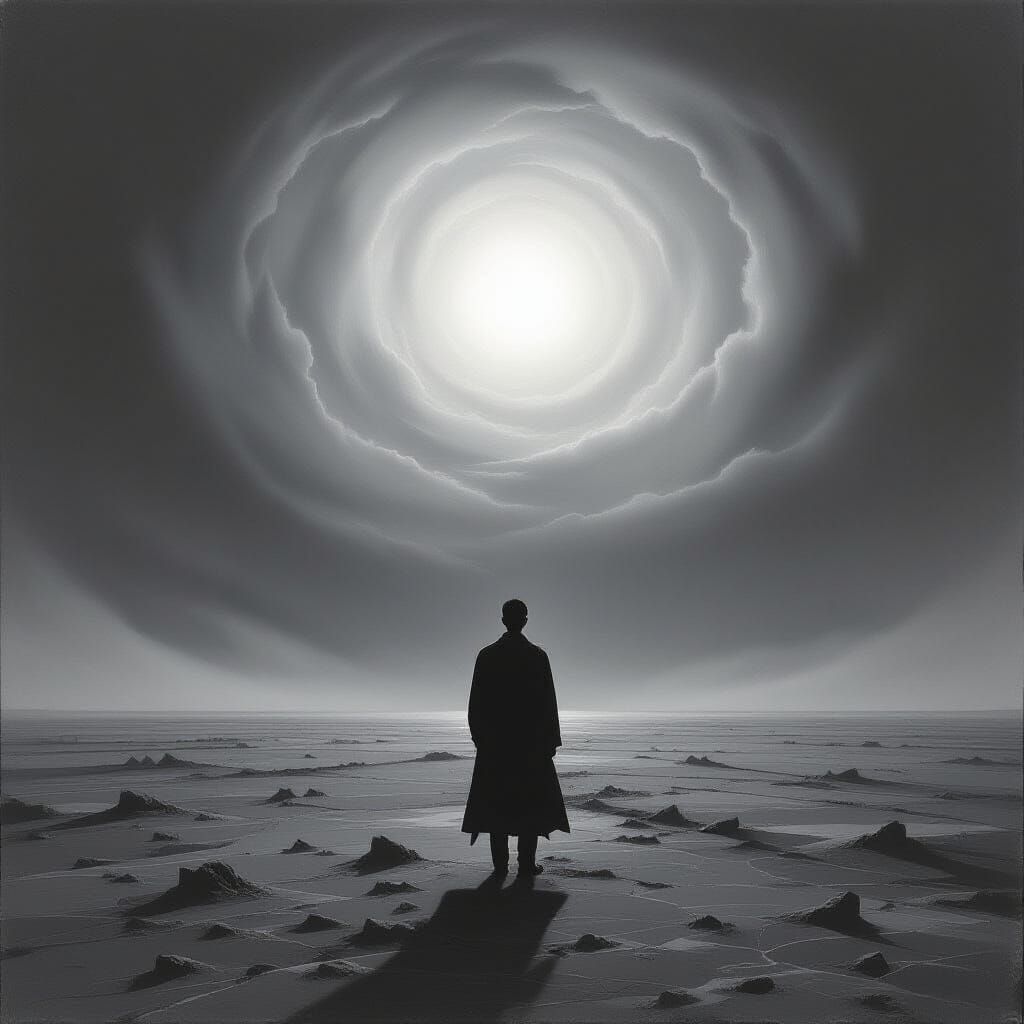 Asian Man on Windswept Plain in Monochromatic Sky