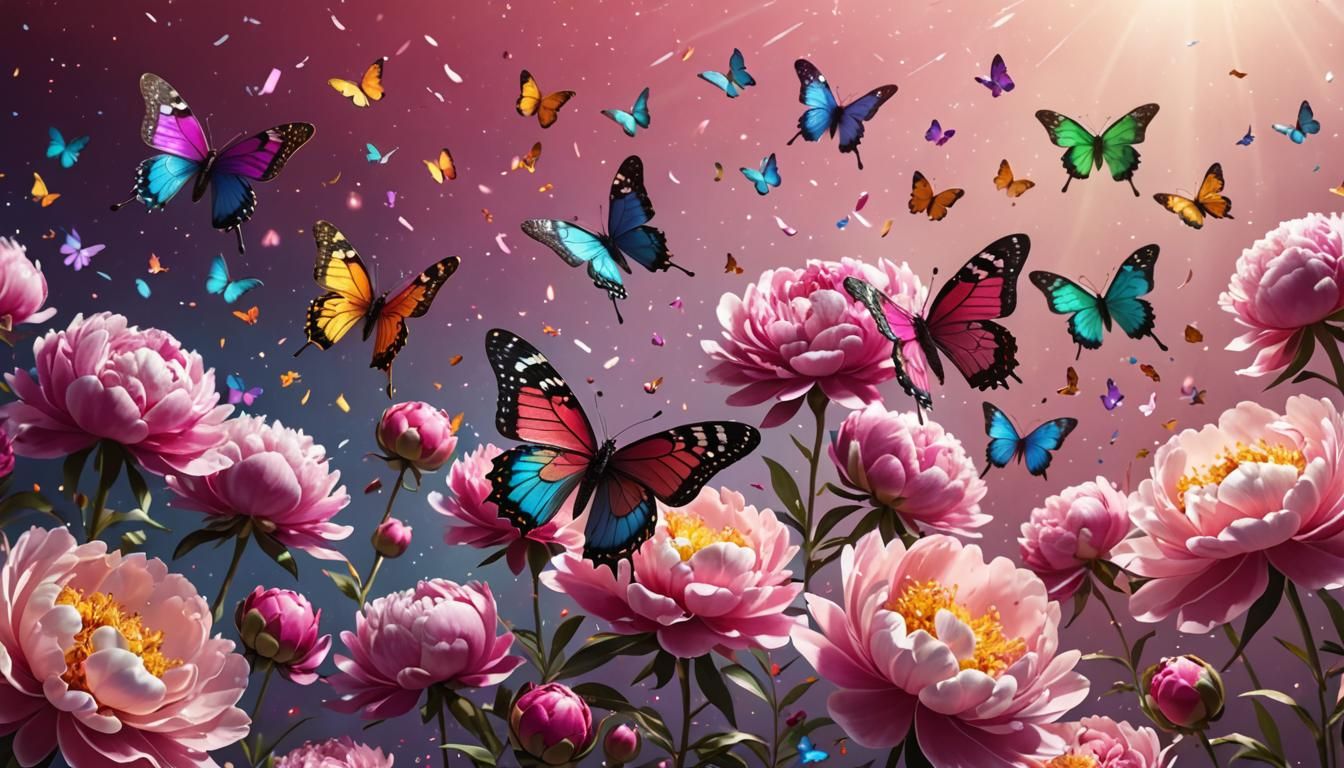 Sparkling Peonies and Rainbow Butterflies, Digital Art