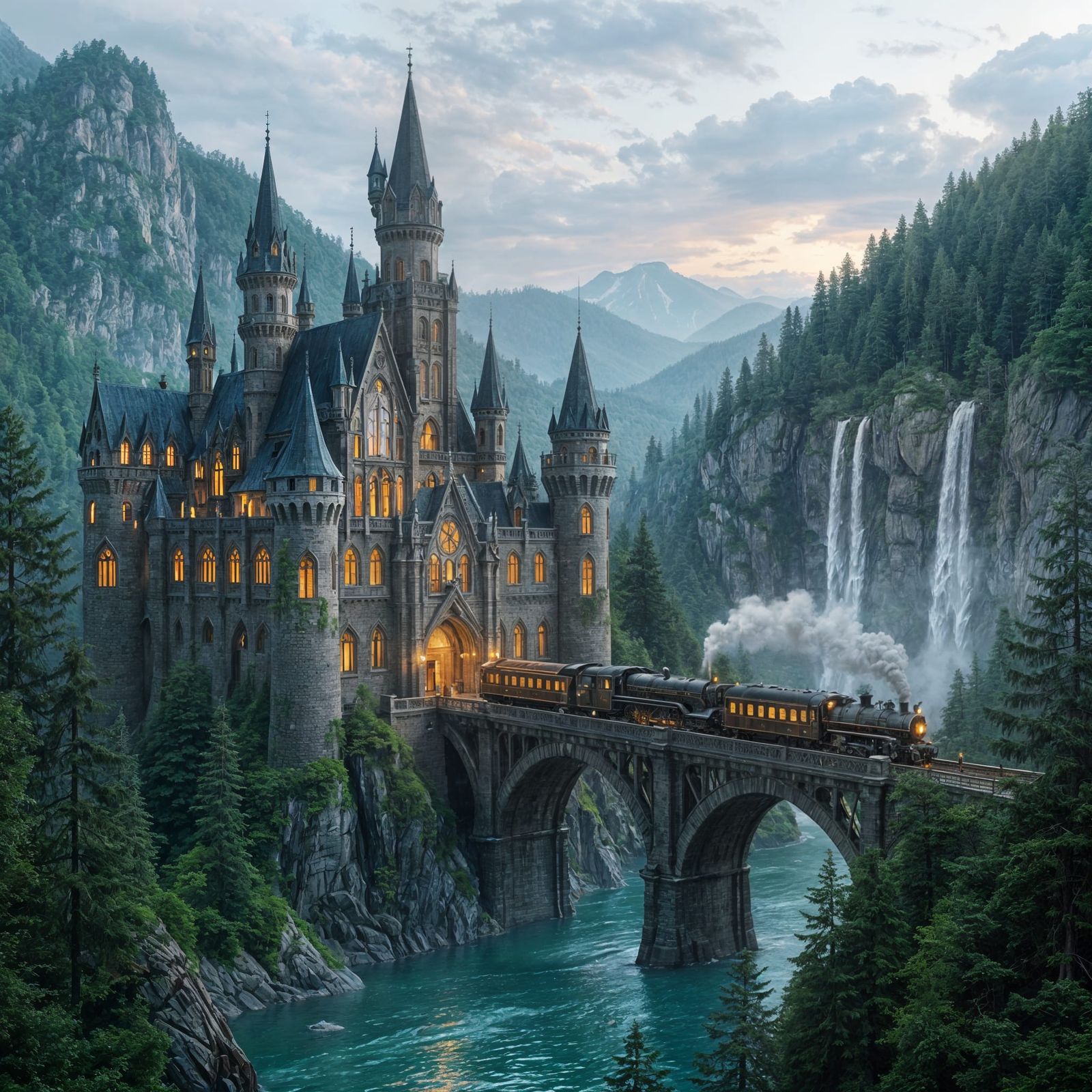 Gothic Castle and Village Oil Painting Landscape