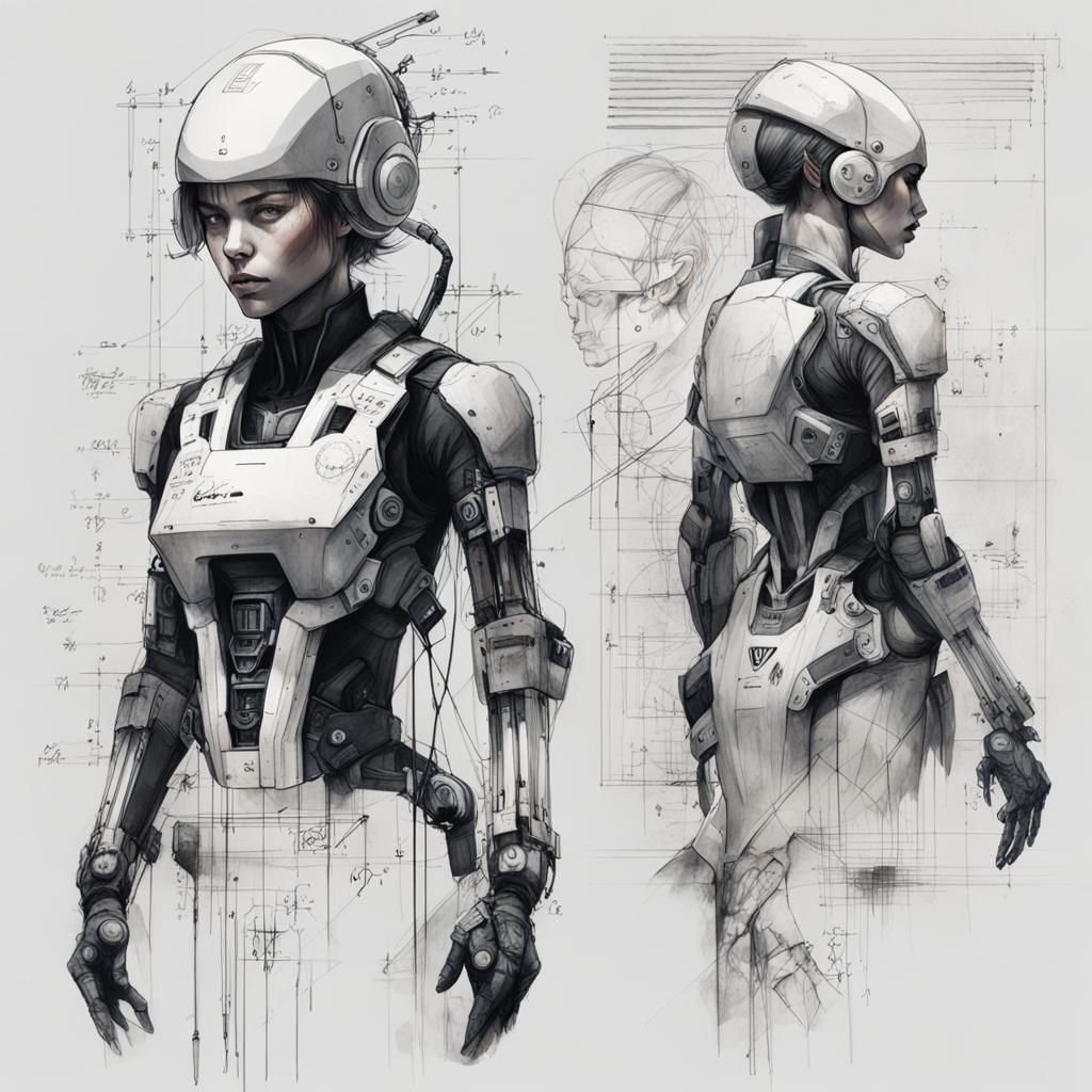 Biomechanical Dancer Concept Art in Technical Style