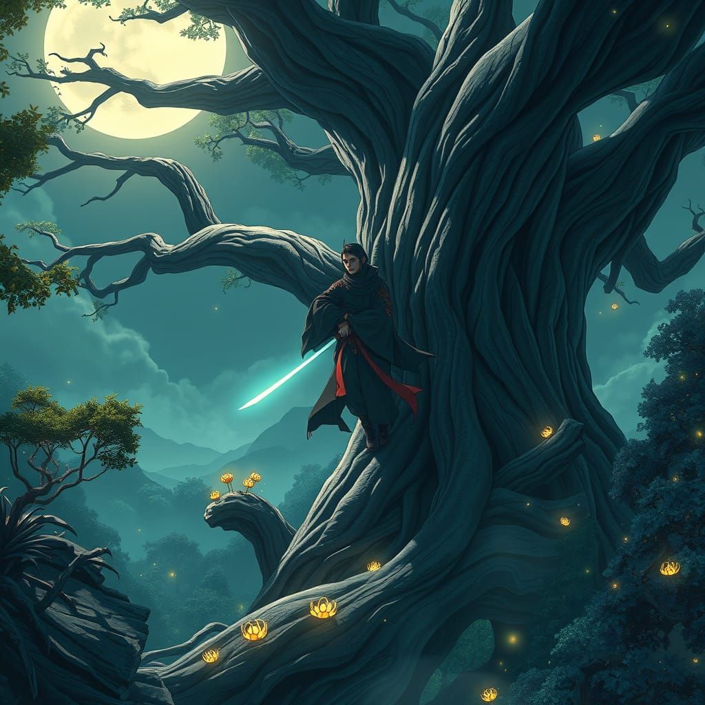 Ethereal Ninja in Bioluminescent Grove, Anime Style