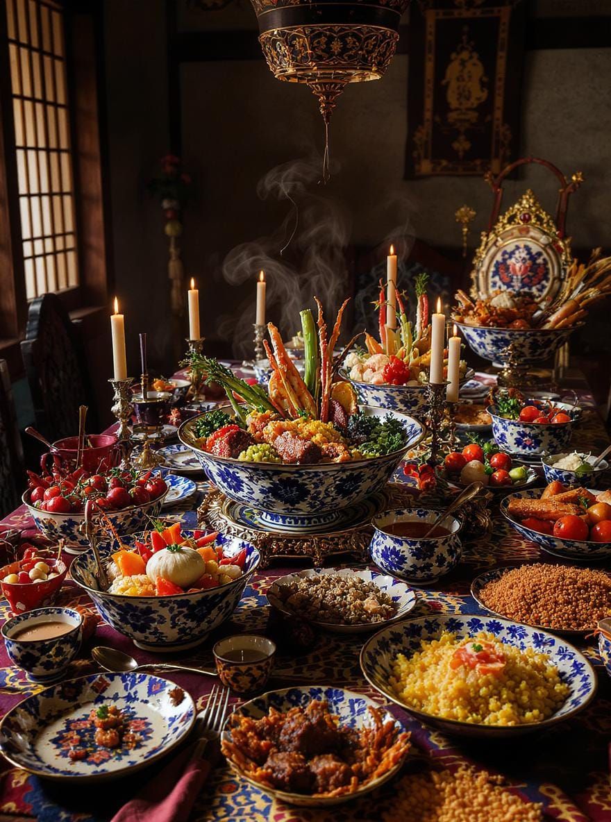 Fantasy Feast: Ornate Table Setting with Exotic Dishes