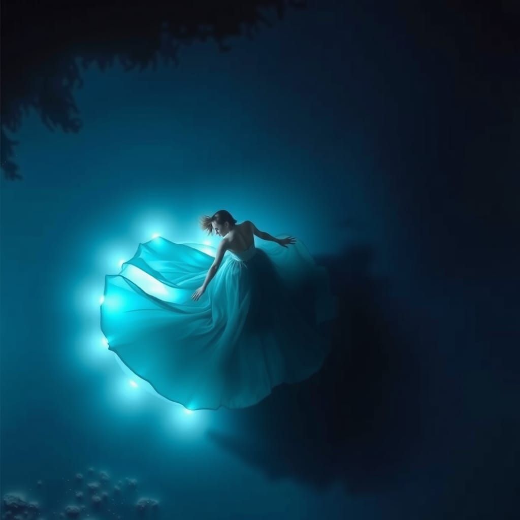 Ethereal Woman Swimming in Midnight Lake, Dreamy Art