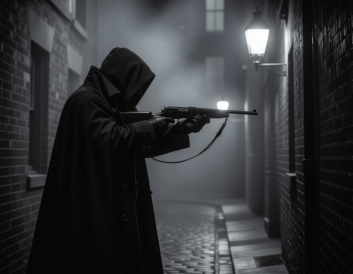 Shadowy Assassin with Realistic Firearm in 1901 London