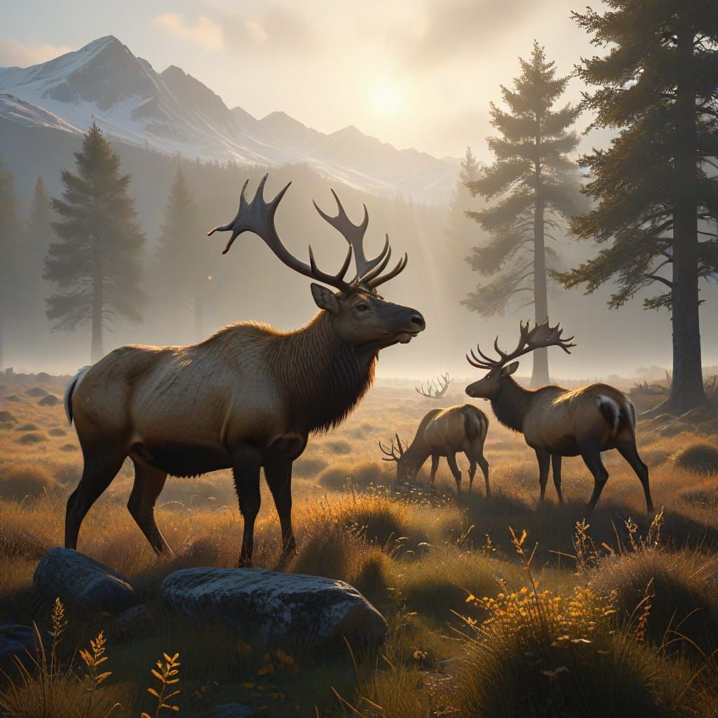 Irish Elk Family in Misty Meadow, Jordan Grimmer Style