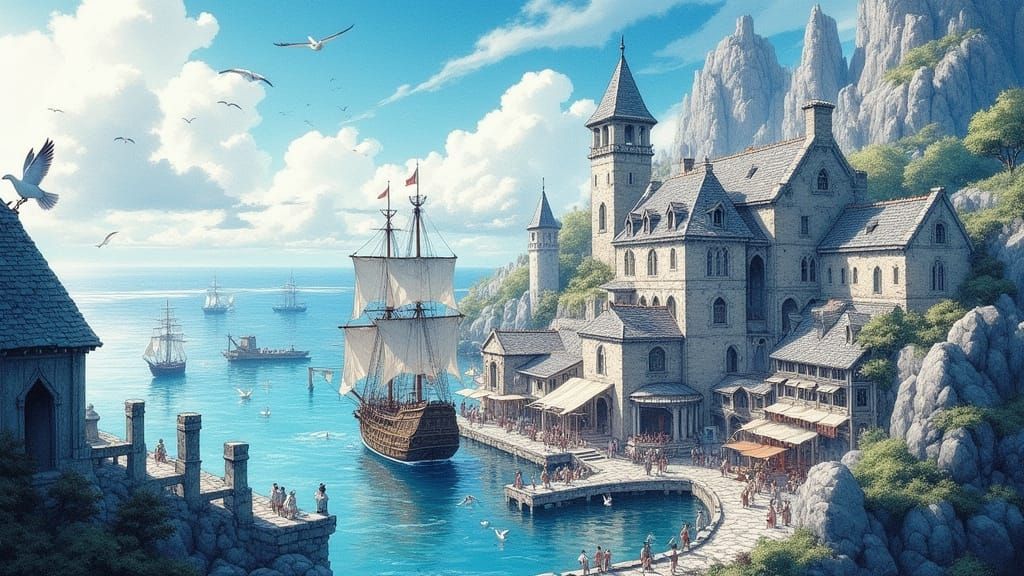 Serene Fantasy Harbour in Anime Ink Painting