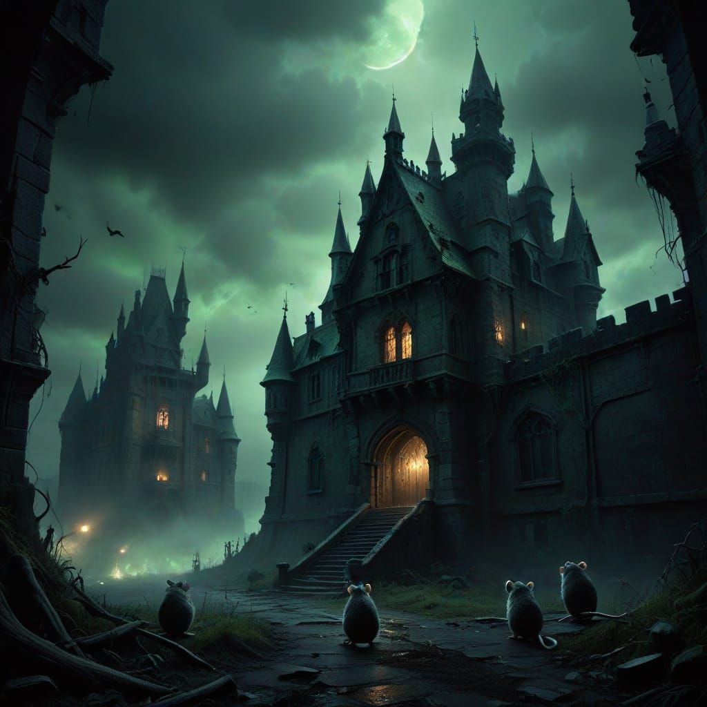 Sinister Fantasy Mice Before Ominous Twisted Castle