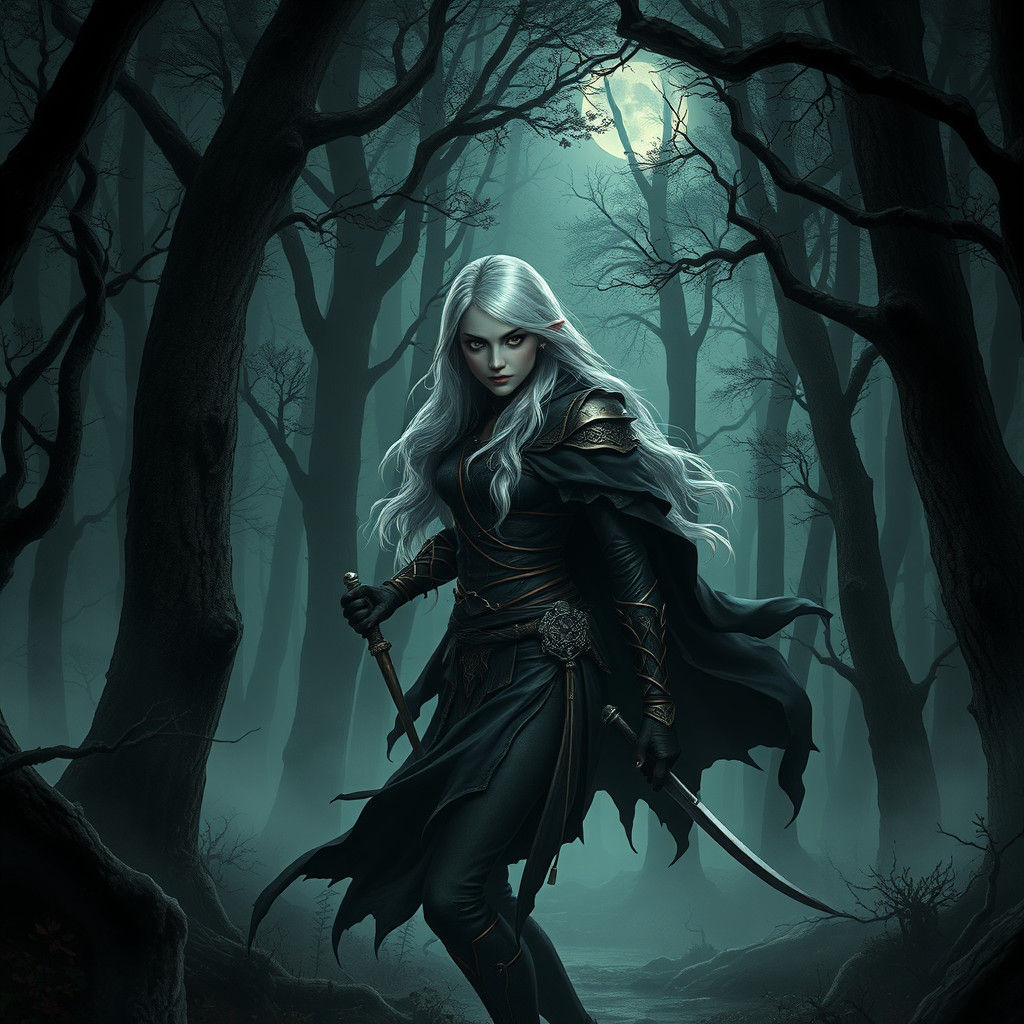Elven Rogue in Mystical Forest, Gothic Art