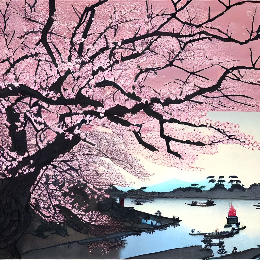 Cherry Blossoms Riverbank: East Asian Ink Wash Painting