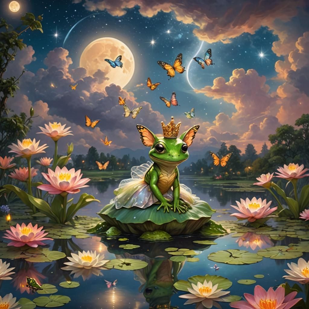 Butterfly-Frog Princess in Magical Pond, Digital Art