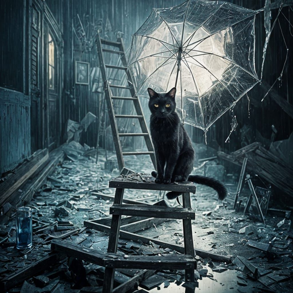 Dark Gothic Surrealism with Shattered Mirror and Black Cat