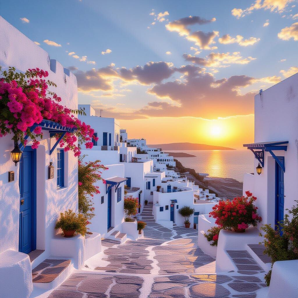 Tunisian Village at Sunset with Mediterranean Architecture
