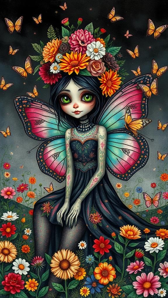 Medium shot of a beautiful woman wearing colorful Día de los...