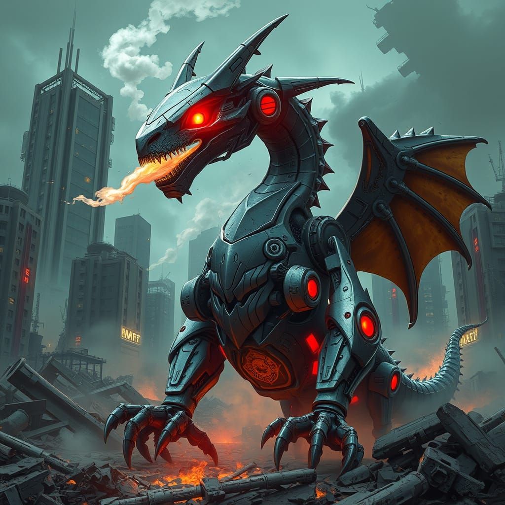 Robot Dragon in Post-Apocalyptic City Ruins