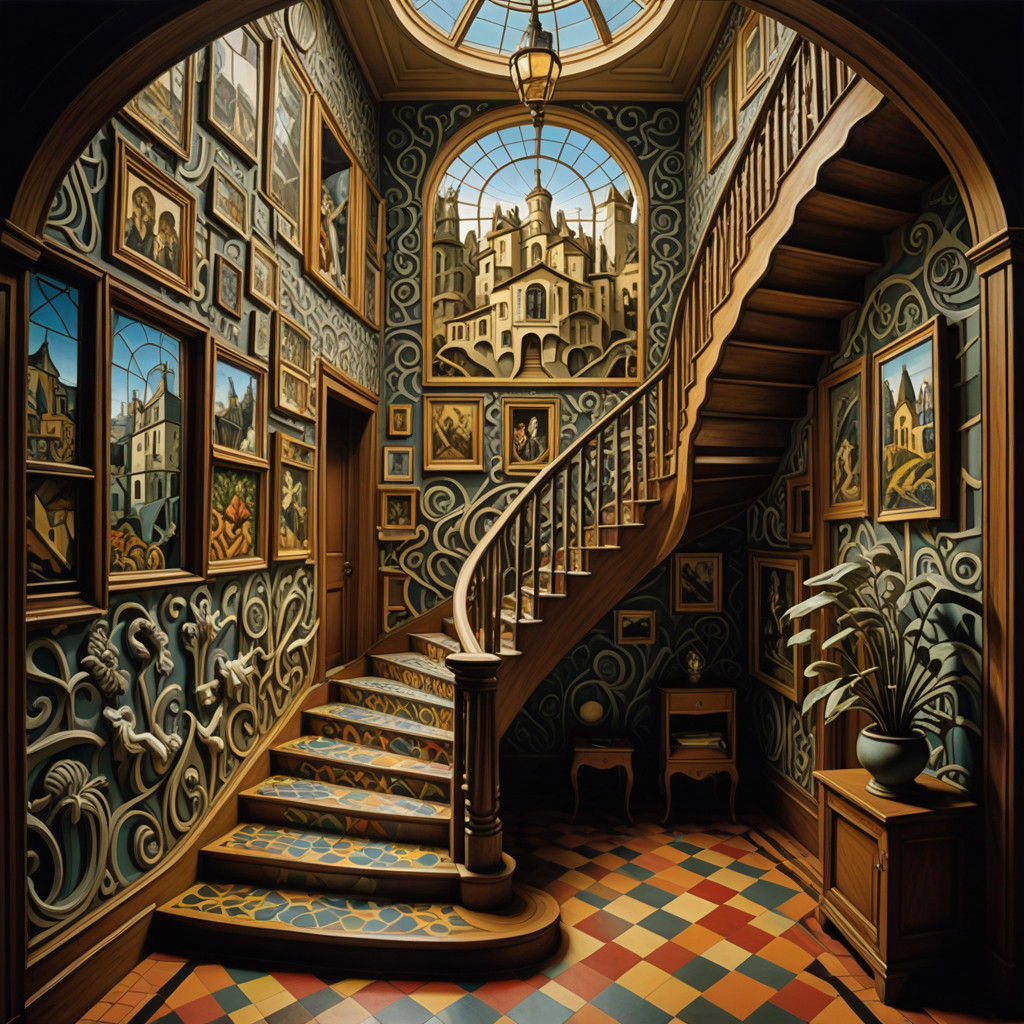 Dreamlike Surrealist Masterpiece: Inverted Cottage Stairwell...