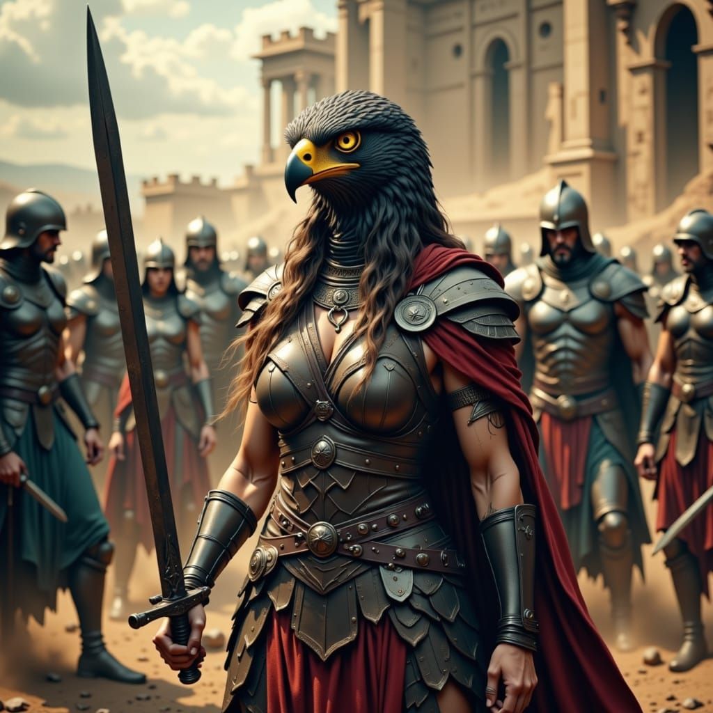 Falcon-Headed Goddess Storms Castle: Cinematic Photo