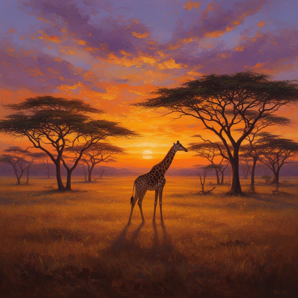 Majestic Savannah Sunset in Hyperrealistic Oil Painting Styl...