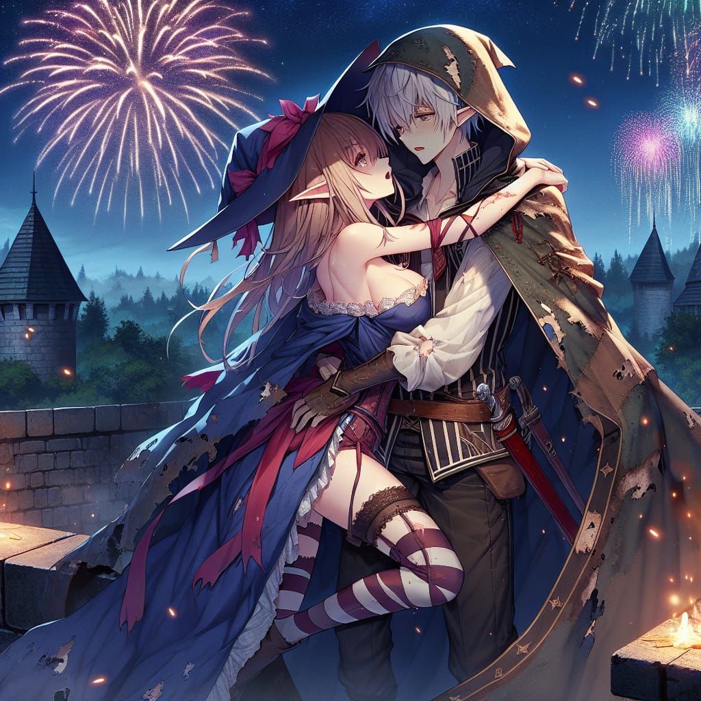Enchanted High Fantasy Couple Embracing Amidst Fireworks