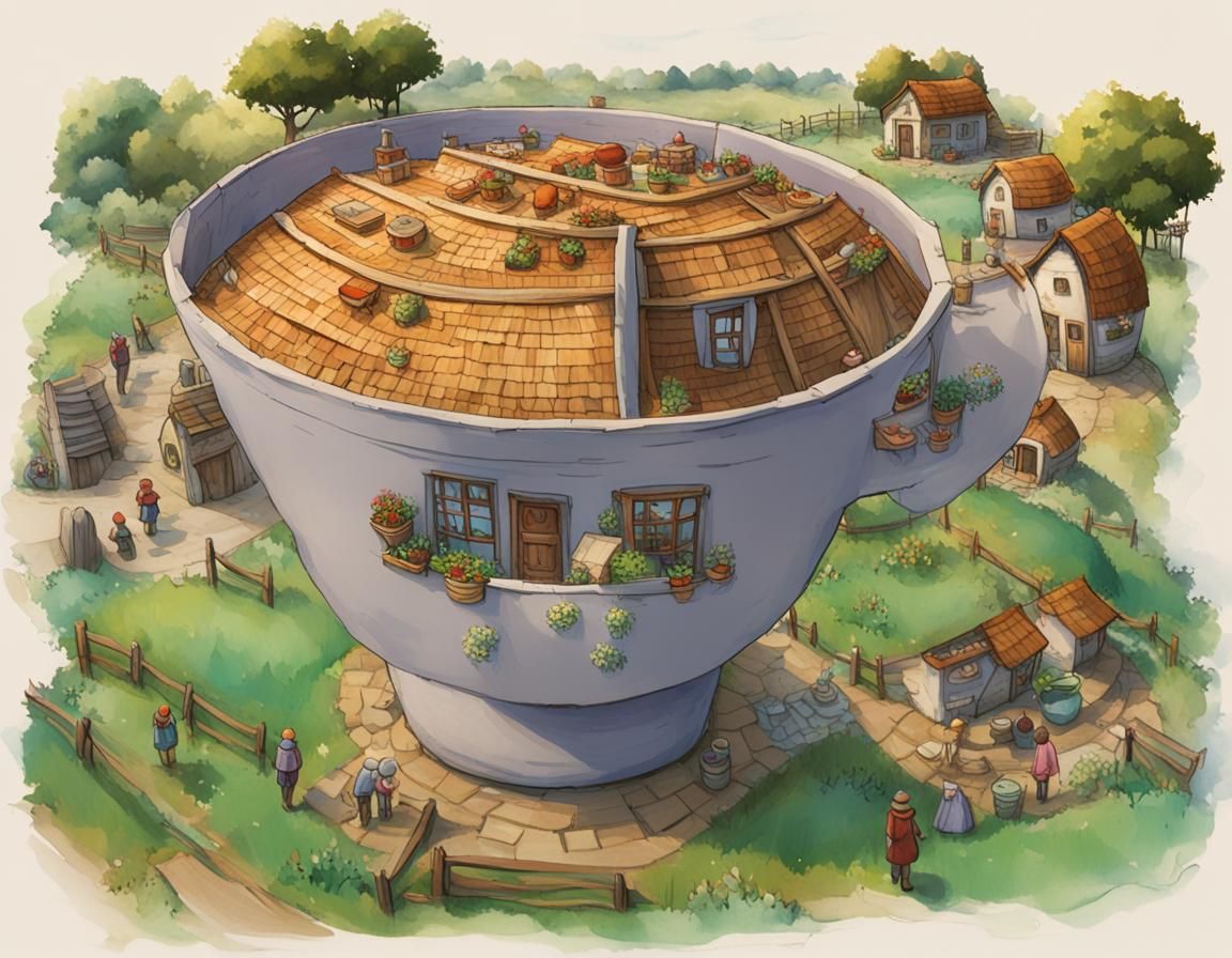 Medieval Town Thriving Inside Glass Dome: Gouache Painting