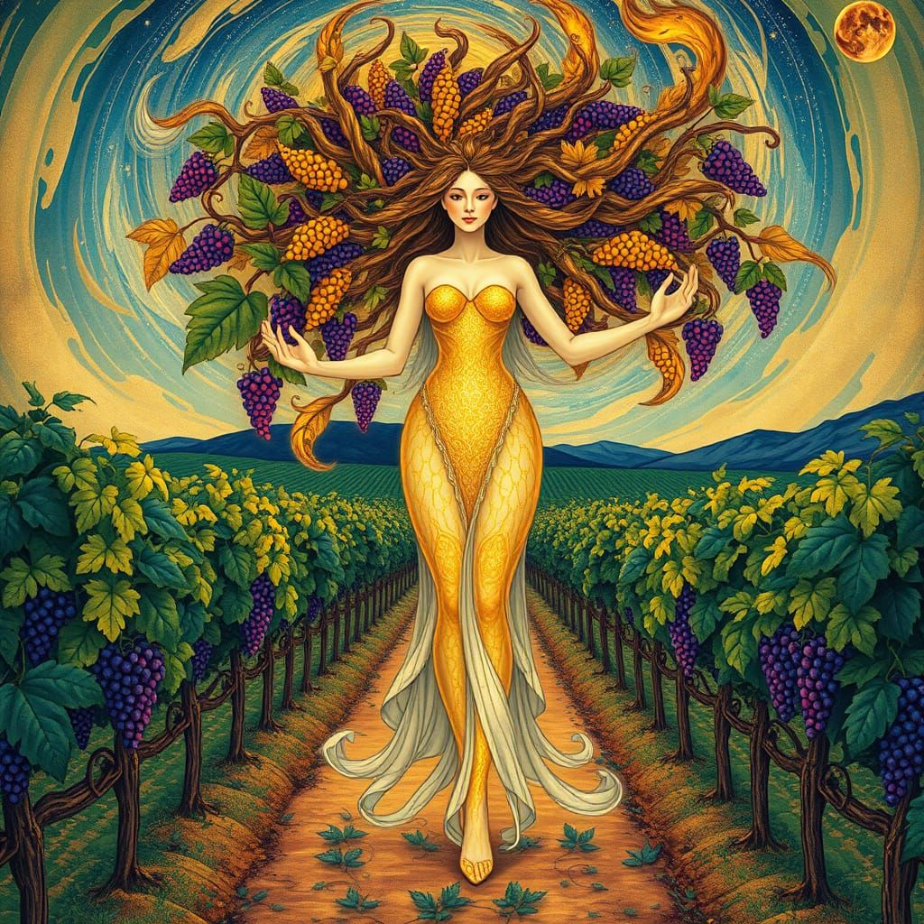Surreal Goddess Blodeuwedd Embodied in Vibrant Vineyard Scen...