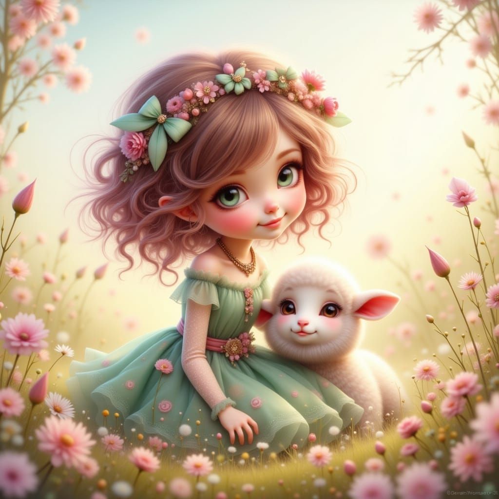 Girl and Fluffy Lamb in Flowery Meadow