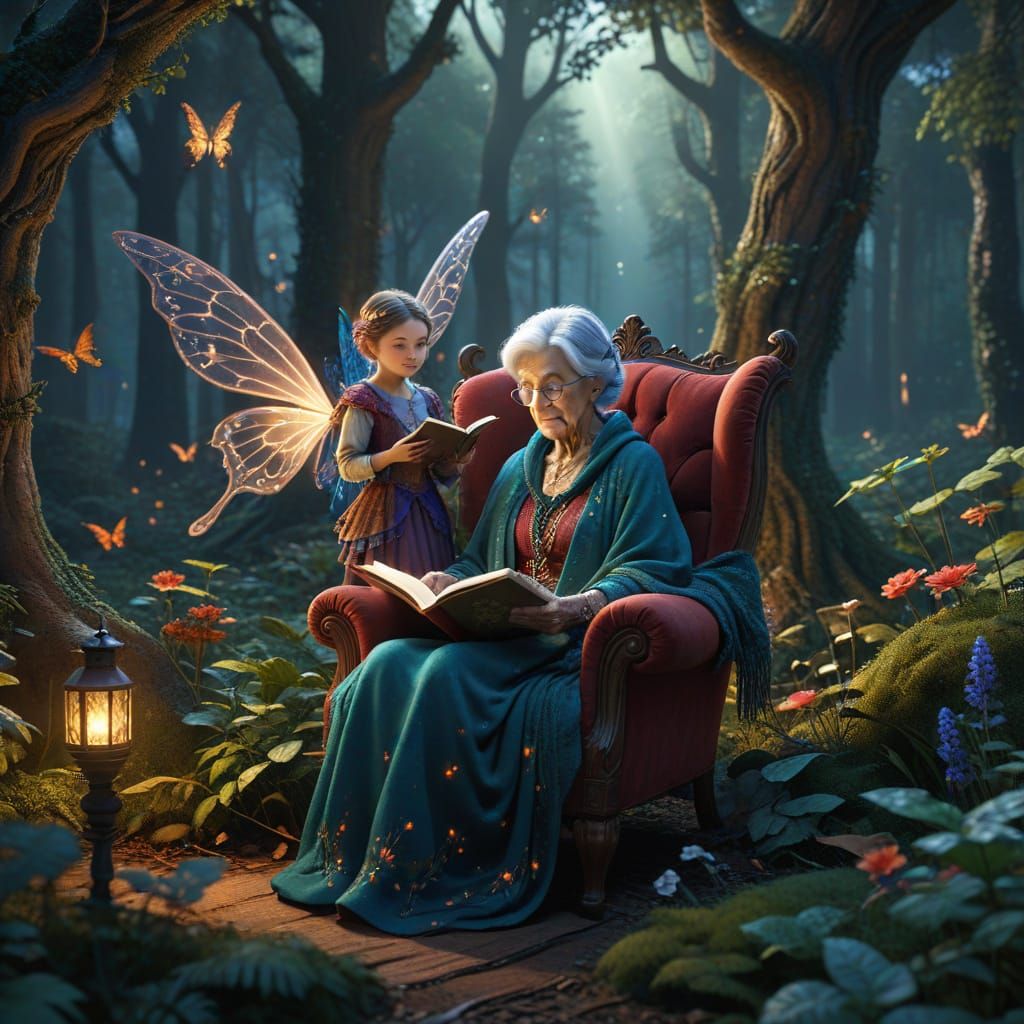 Grandmother Reads Fairy Tales to Granddaughter Amidst Enchan...
