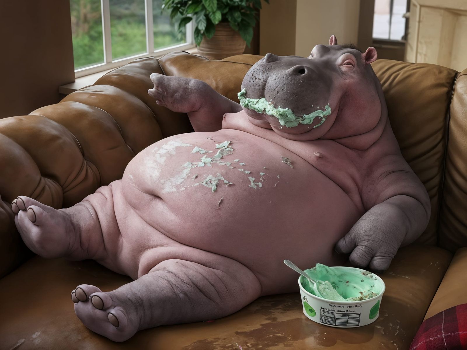 Overweight Hippo Lounging with Mint Ice Cream
