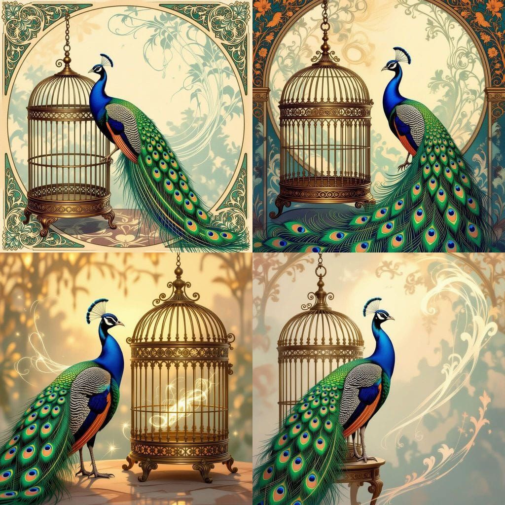 Majestic Peacock Beside Ornate Birdcage in Art Nouveau Style