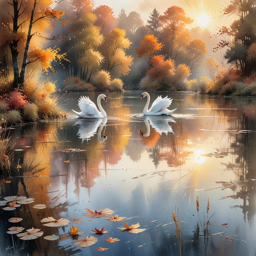 Swans on Autumn Lake in Watercolor Style