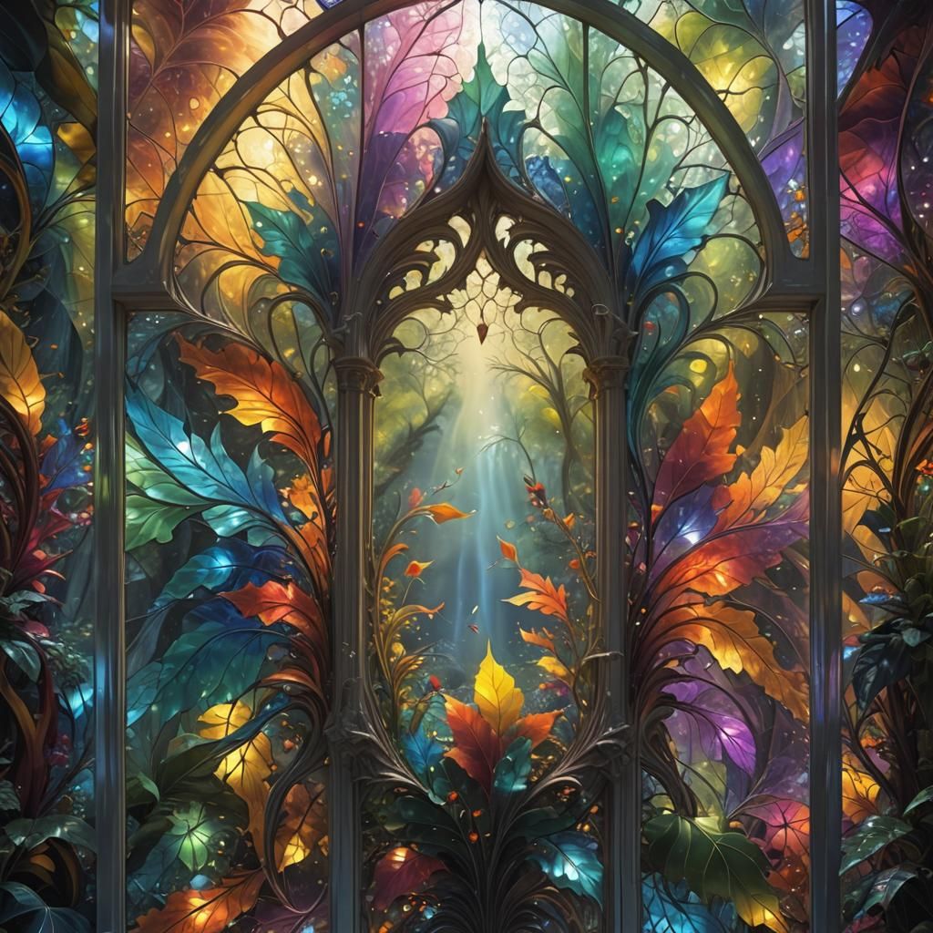 Colorful Fractal Glass Window with Ethereal Waterfall