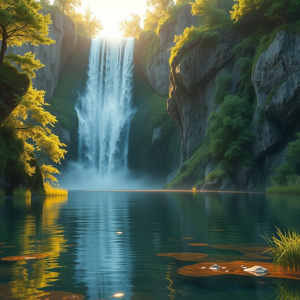 Majestic Waterfall in Mystical Fantasy Landscape
