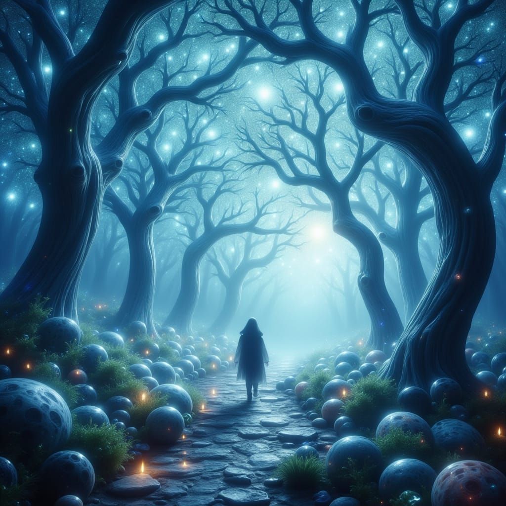 Ethereal Crystal Forest with Solitary Figure