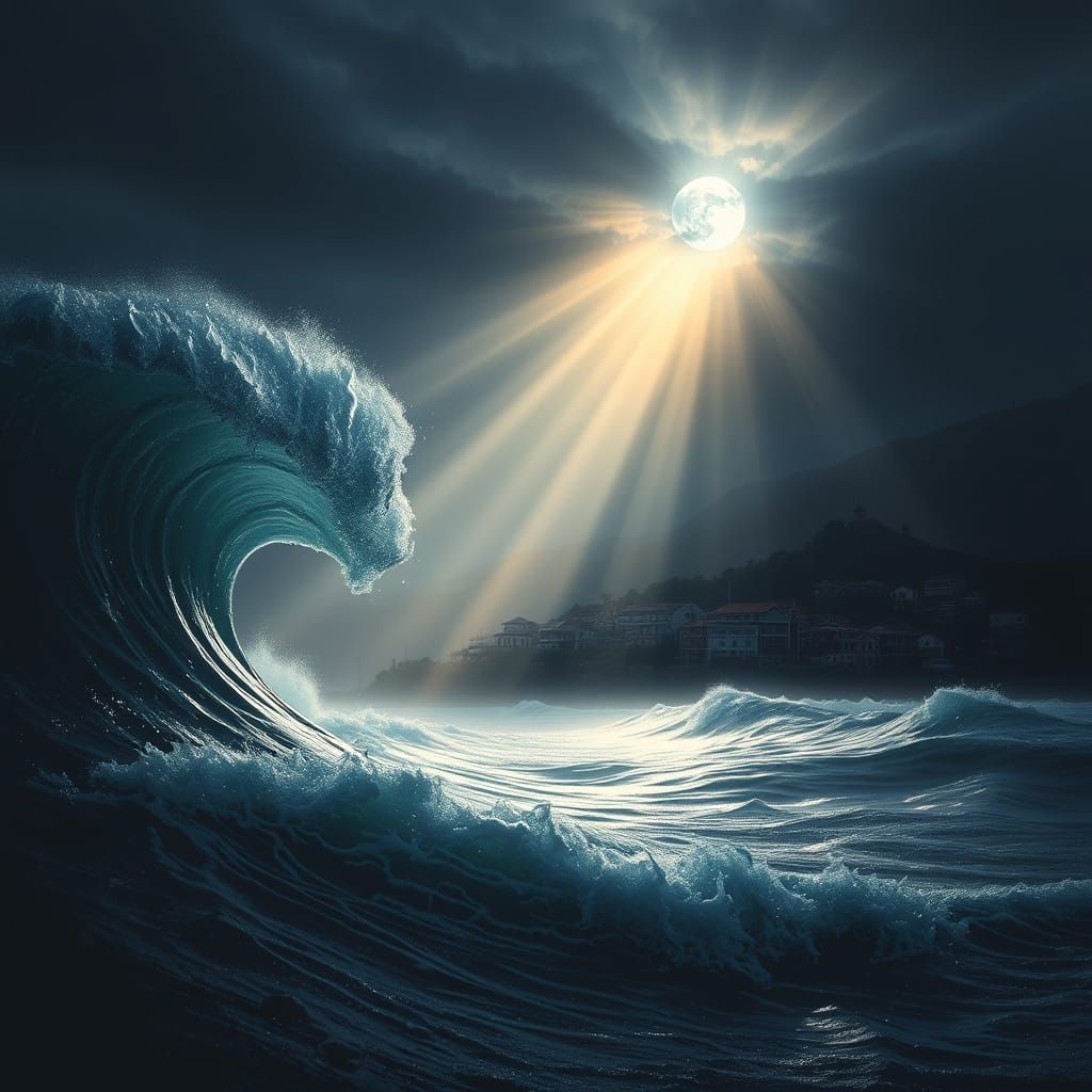 Tsunami Wave Illuminated by a Ray of Light