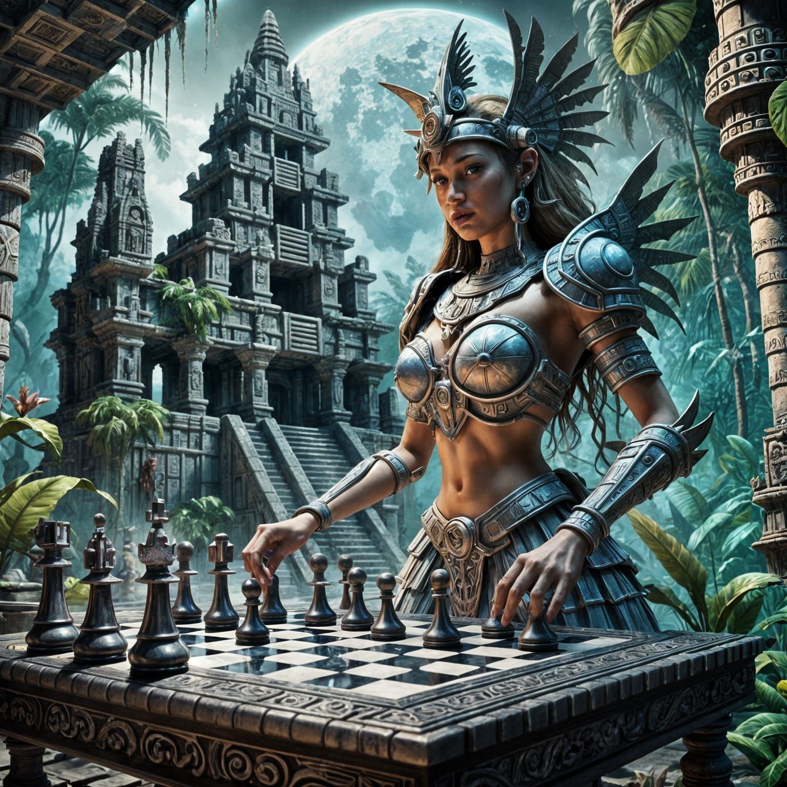 Cyborg Bartender in Psychedelic Lunar Jungle Temple