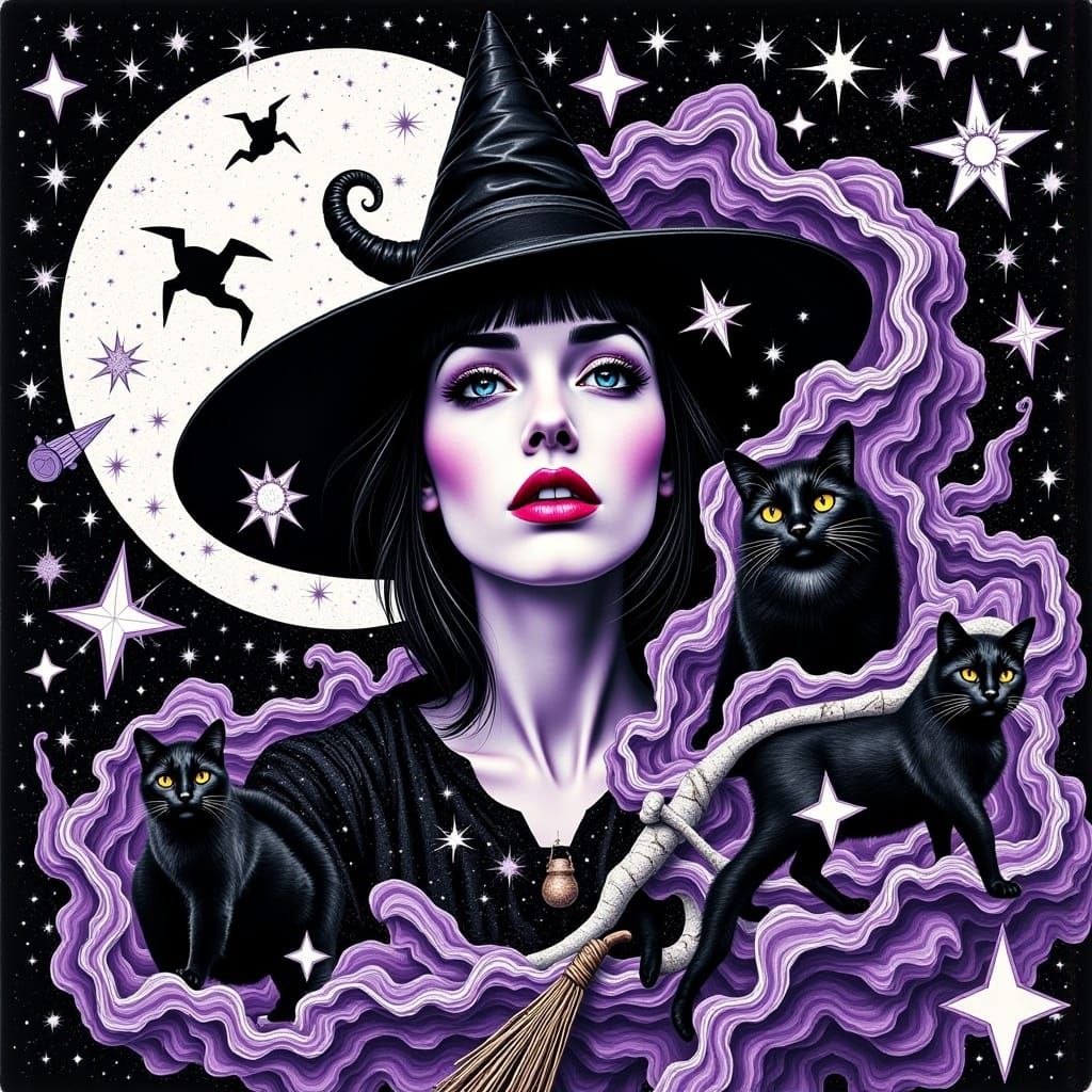 Halloween Collage of Witch and Black Cats