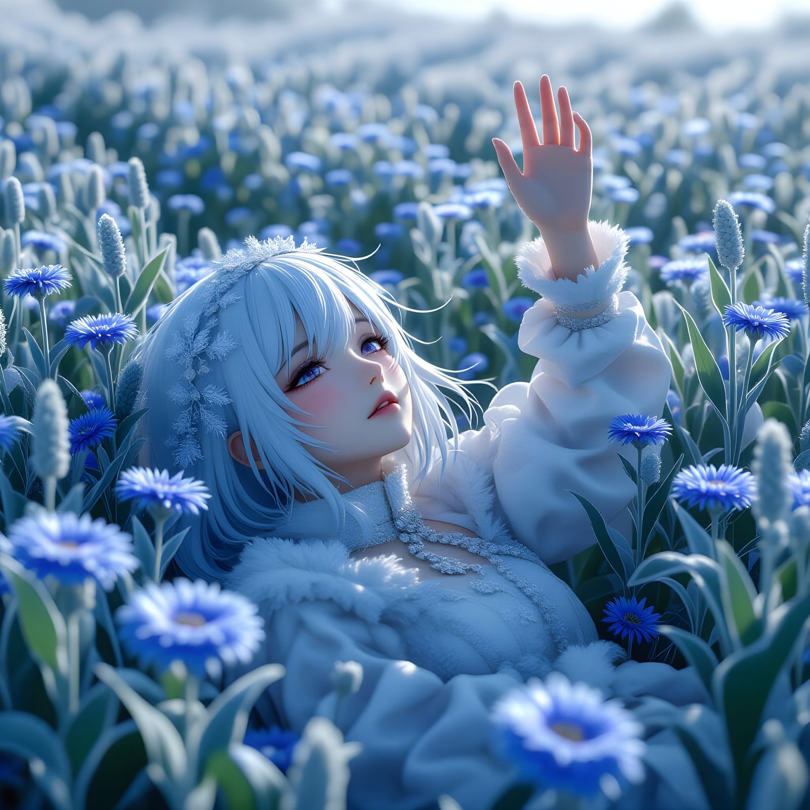 Frost Covered Girl Reaching in Cornflower Field