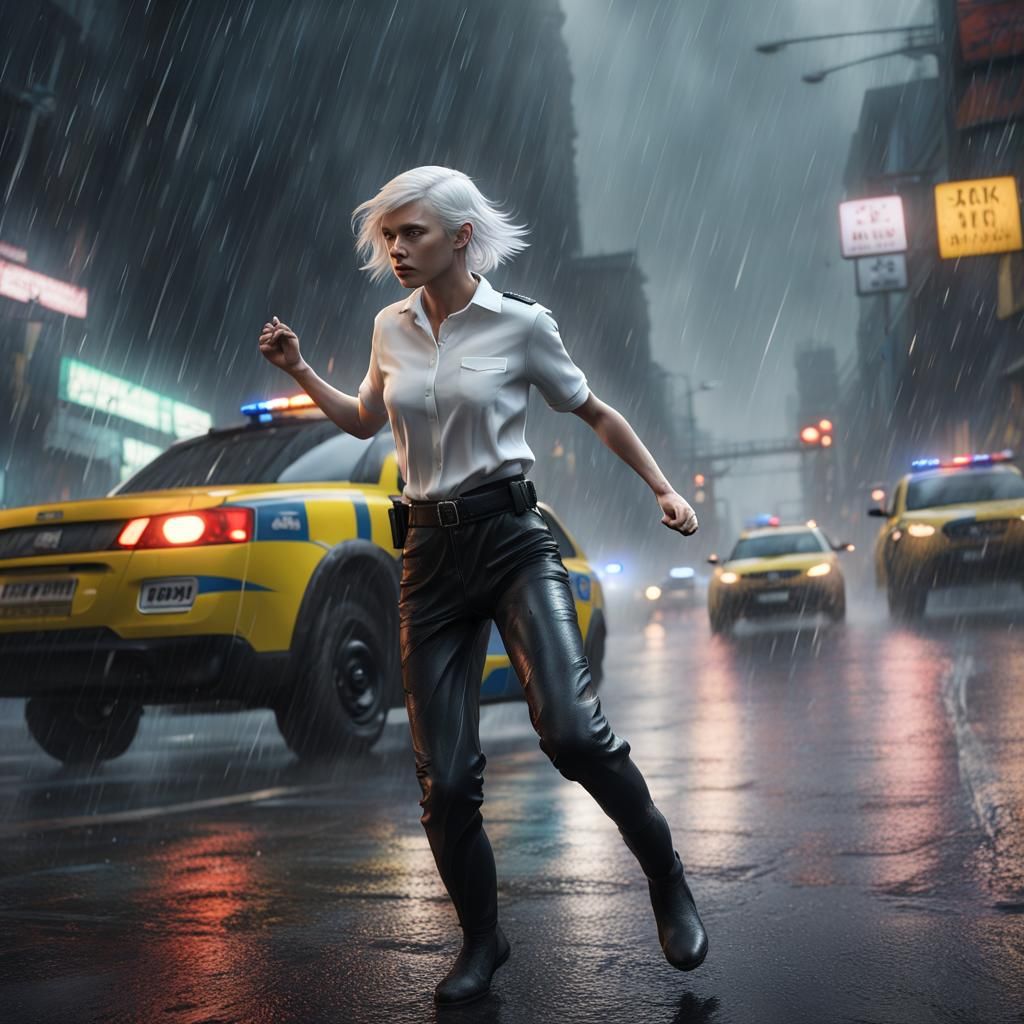 Girl Chased by Police in Heavy Rain, Matte Painting