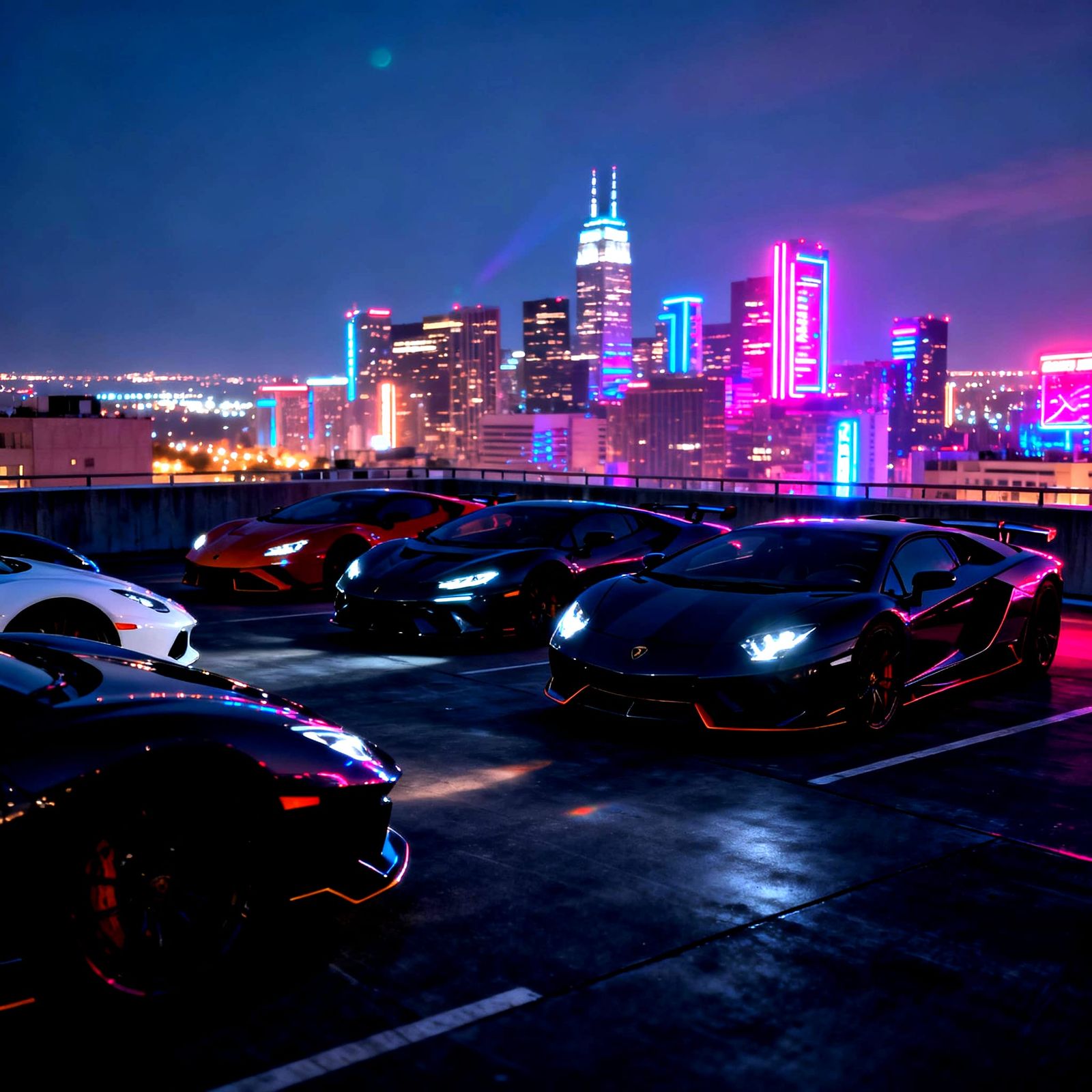 Luxury Sports Cars on Rooftop with Neon City Skyline