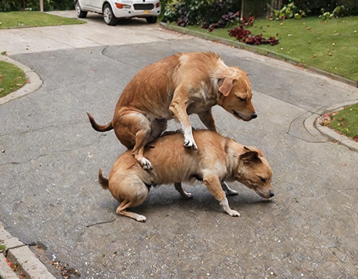 Dogs Interacting in Driveway Scene