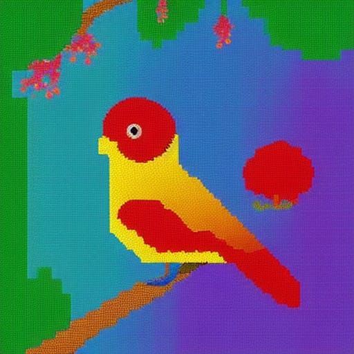 Rainbow Bird in Japanese Garden: Pixel Art