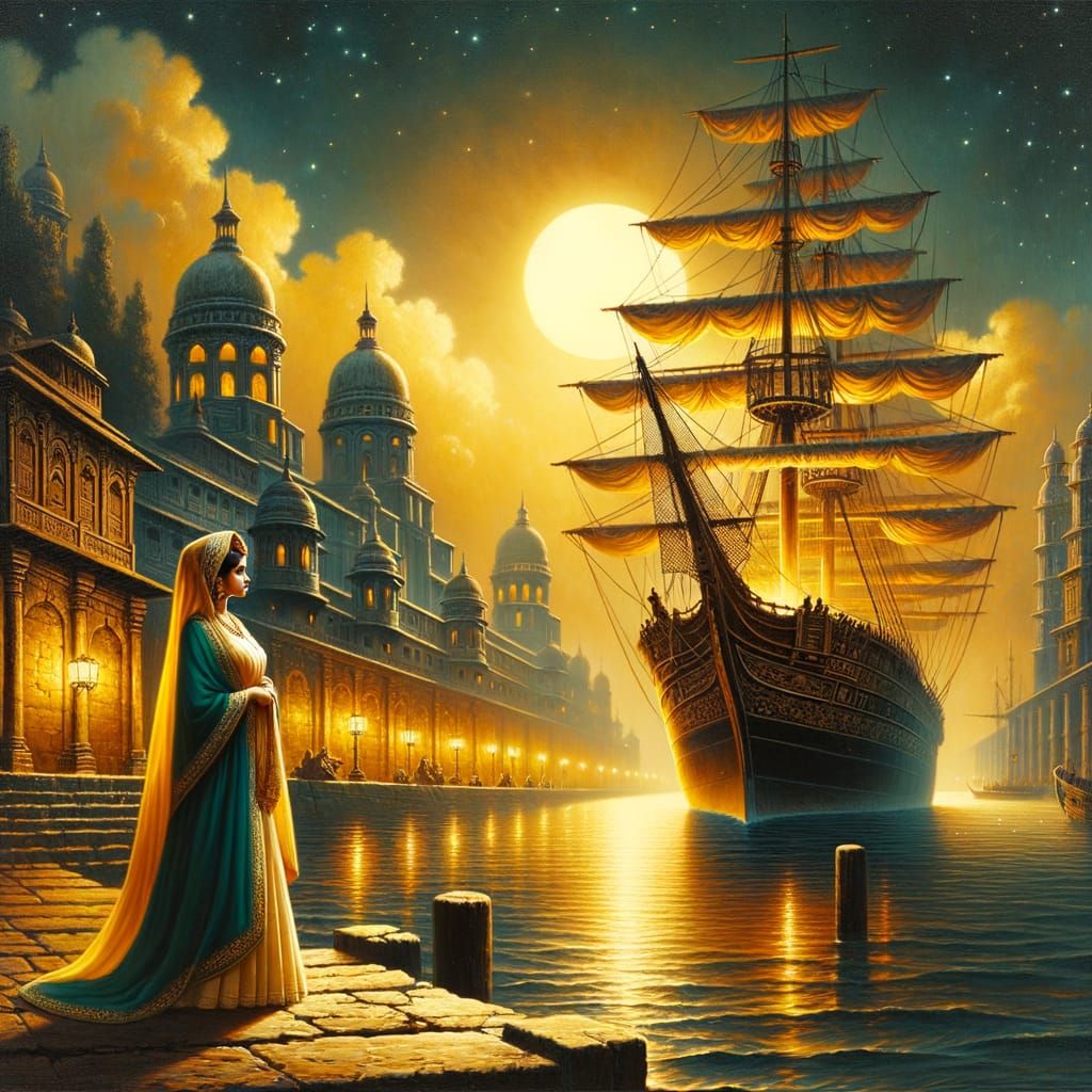 Romantic City Port Scene at Night