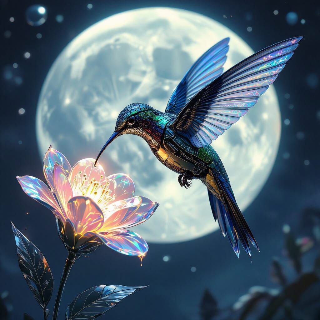 Biomechanical Hummingbird Sips Nectar on Crystal Moon